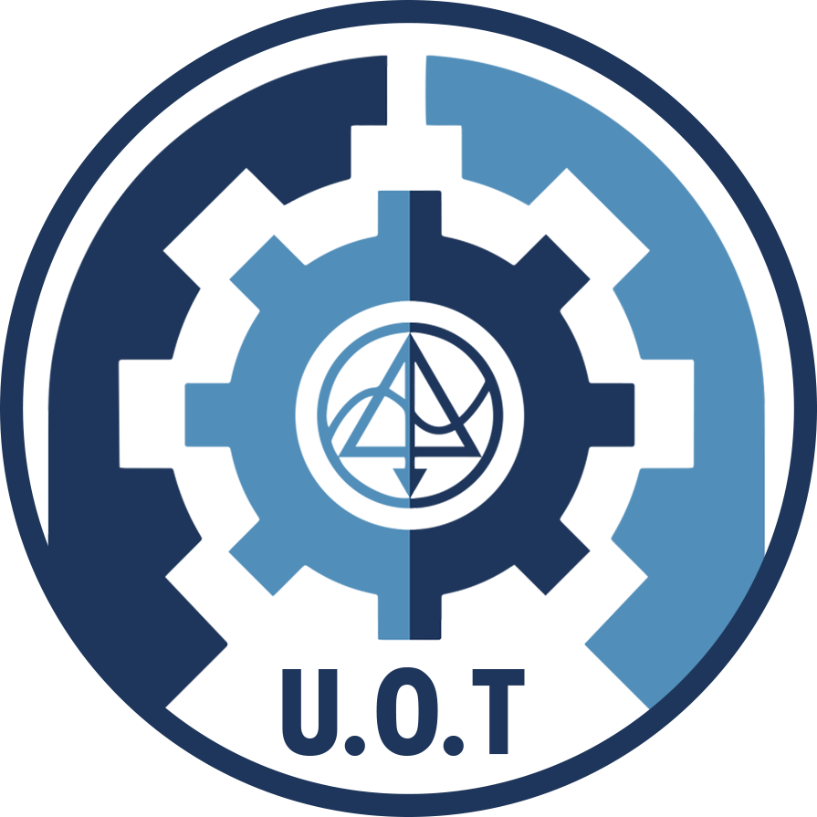 University of Technology emblem and Arabic wordmark الجامعة التكنولوجية; a formal institutional logo showing a stylized emblem above the text, white on colored background, placed in the website navigation bar next to conference branding; official and authoritative tone
